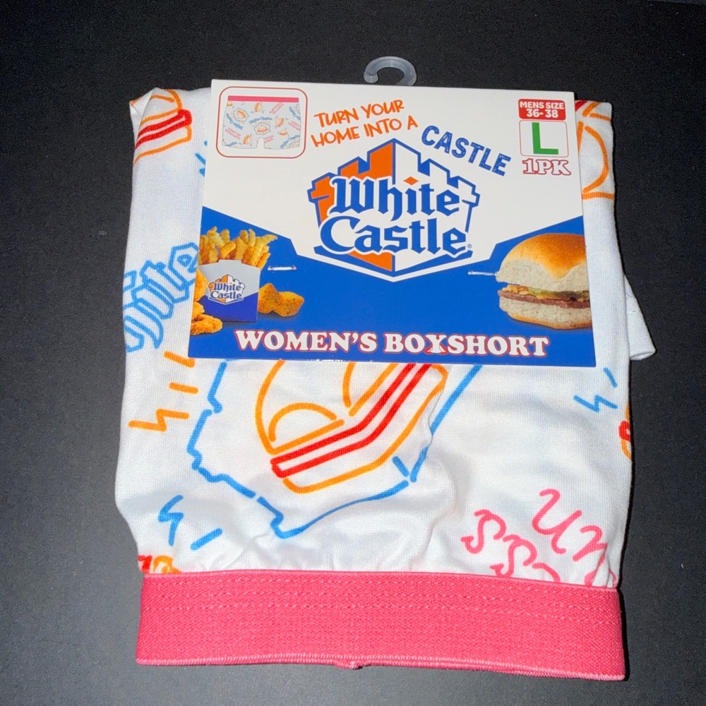 White Castle Boyshort Underwear Women L 30-32 NEW Pink Waistband Slider Print